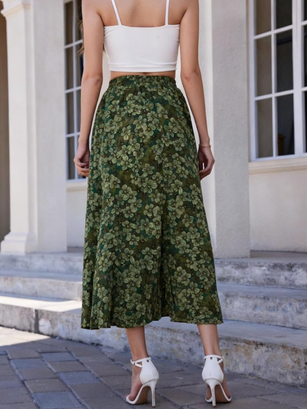 Womens Green Floral 100% Polyester Elastic Length Casual with Pockets Maxi Skirt - Picture 3 of 6